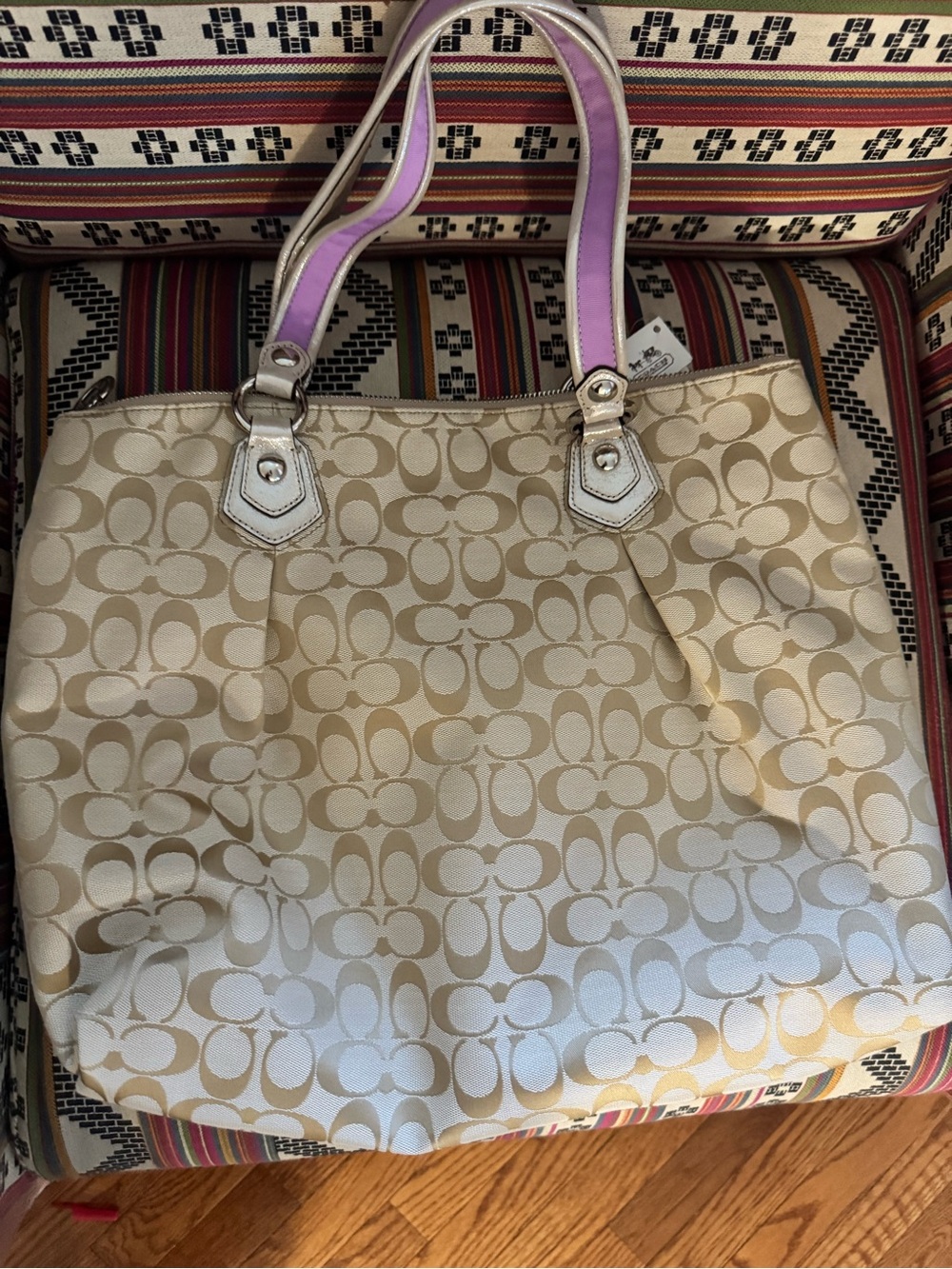 NWT COACH Poppy Canvas Handbag Beige Purple Heart Flower Embroidery Authentic - Picture 4 of 16